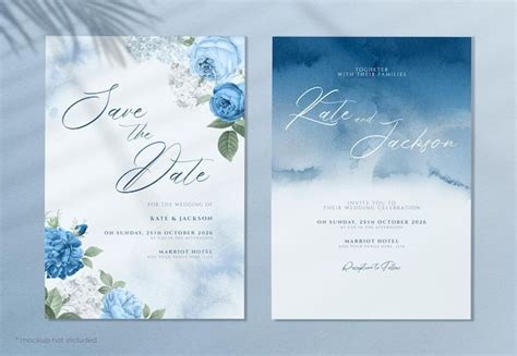 Two Wedding Cards With Blue And White Flowers On Them One Is In The Air