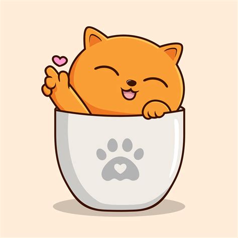 Orange Cat In Cup Waving Paws Cartoon Orange Pussy Cat Love Hand