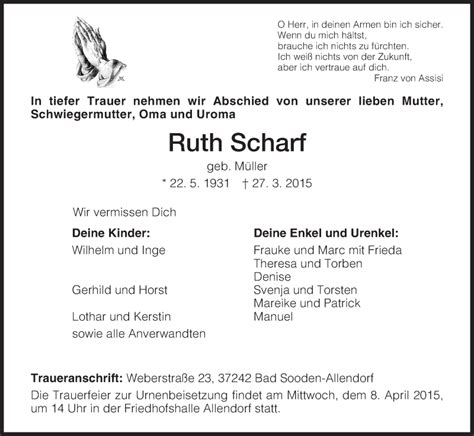 Traueranzeigen Von Ruth Scharf Trauer Hna De