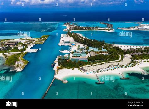 Maldives, South Male Atoll, Kaafu Atoll, Aerial view of resort on Fun Island Lagoon Stock Photo ...