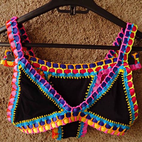 Biqu Ni Neon Croch Preto Colorido Artesanal Bikini Plu Size Tend Ncia