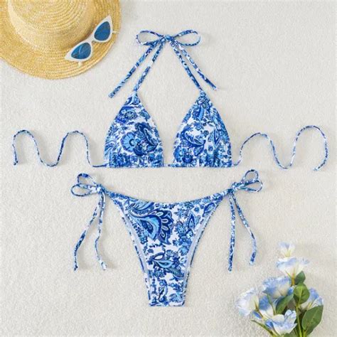 2024 New Style Hot Selling Bikini Two Piece Printing Swimsuit Neck Tie Waist Strap Swimwear