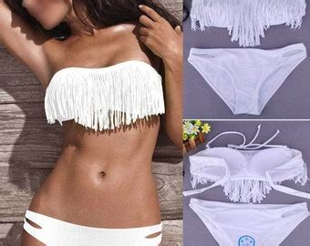 Boho Fringe Top Strapless Bikini Set Sexy Swimsuit Top And Bottoms Swimwear Spandex Bandeau Bikini