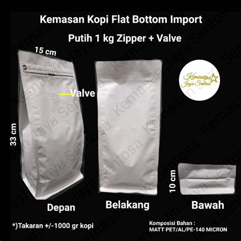 Jual Kemasan Kopi Flat Bottom Import Putih 1 Kg Zipper N Valve Isi 50