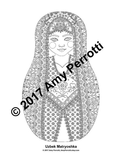 Uzbek Coloring Sheet Printable File Traditional Folk Dress Matryoshka