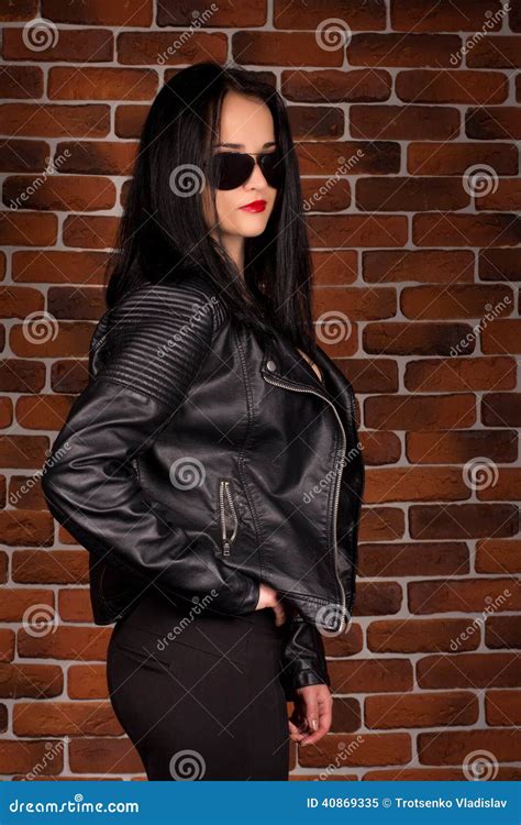 Pretty Brunette Woman In Leather Jacket Stock Image Image Of Person