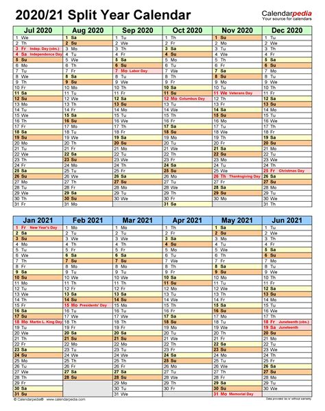 Printable Split 2020 2021 Calendars