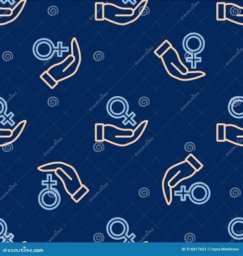 Line Female Gender Symbol Icon Isolated Seamless Pattern On Blue