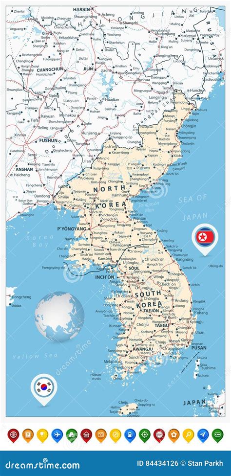 Ponteiros Do Mapa De Estradas E Do Mapa Da Península Da Coreia Norte E