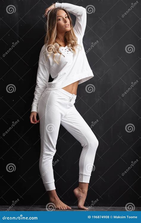 Sporty Lifestyle Concept. Portrait of Young Beautiful Smiling Woman in White Sport Suit Stock ...