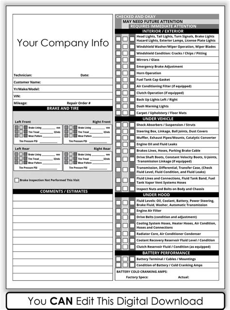 PDF Printable Vehicle Inspection Report CANVA Template Etsy