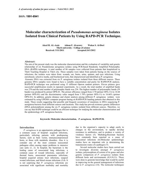 Pdf Molecular Characterization Of Pseudomonas Aeruginosa Isolates Isolated From Clinical