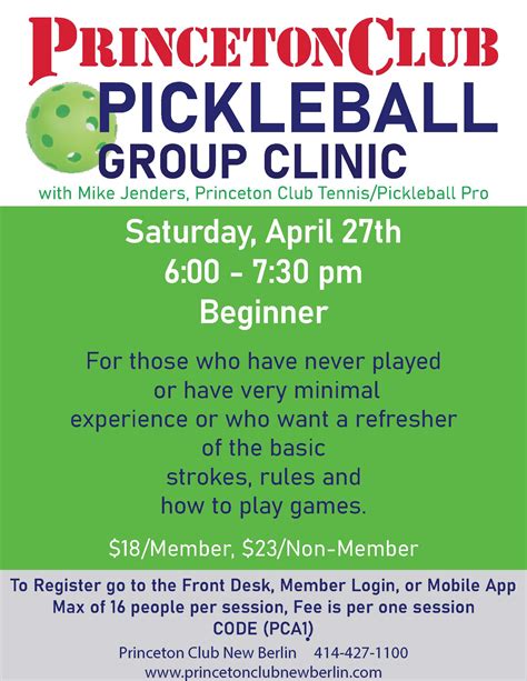 Spring April 2024 Pickleball Group Clinic Princeton Club New Berlin