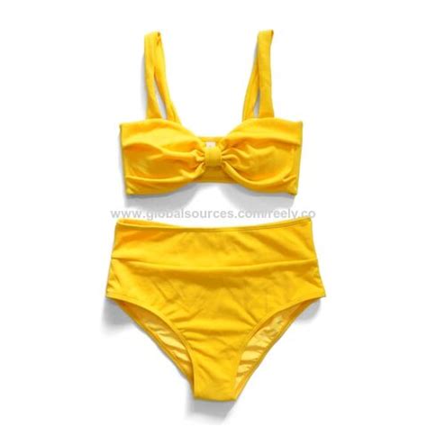 China Women Bikini Tops Front Bow Knot Retro Yellow Ribbed Bandeau High Waist Retro Swimwear On