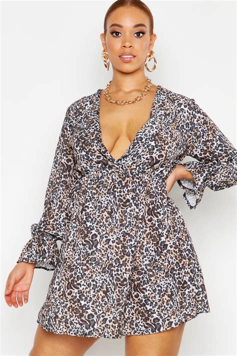 Boohoo Plus Leopard Ruffle Plunge Smock Dress Lyst