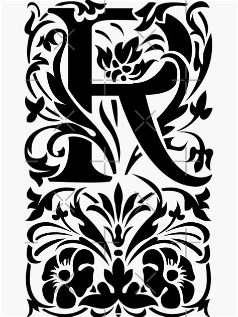 Floral Letter R Monogram Pattern Aesthetic Black And White Vintage