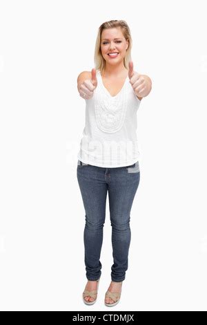 Happy Blonde Woman Placing Her Thumbs Up Stock Photo Alamy