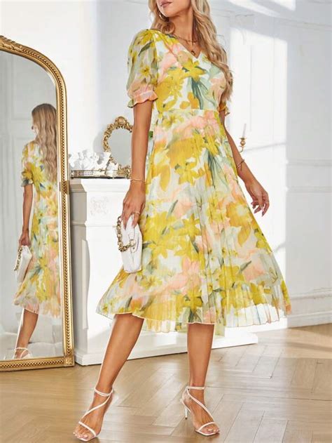 SHEIN Clasi Robe à imprimé floral manches bouffantes plissé Mode en