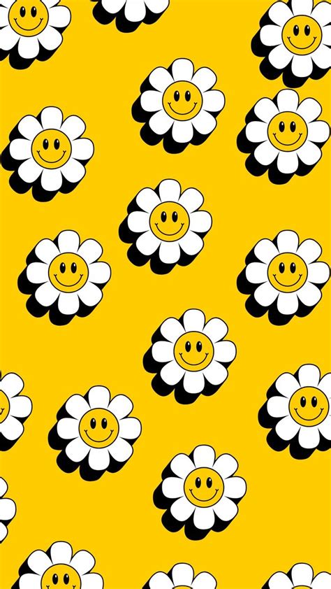 A Yellow Background With White Flowers And Smiley Face Drawn On The