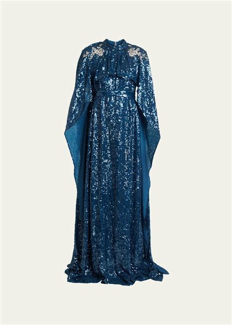 Erdem Sequined Belted Cape-effect Gown - Petrol | Editorialist
