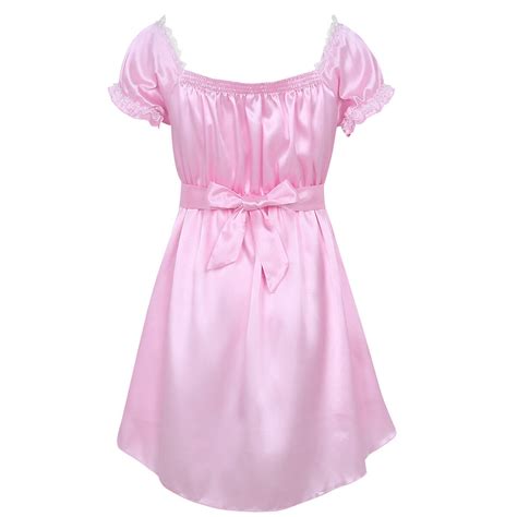 Mens Sissy Shiny Satin Frilly Crossdressing Dress Lingerie Nightwear