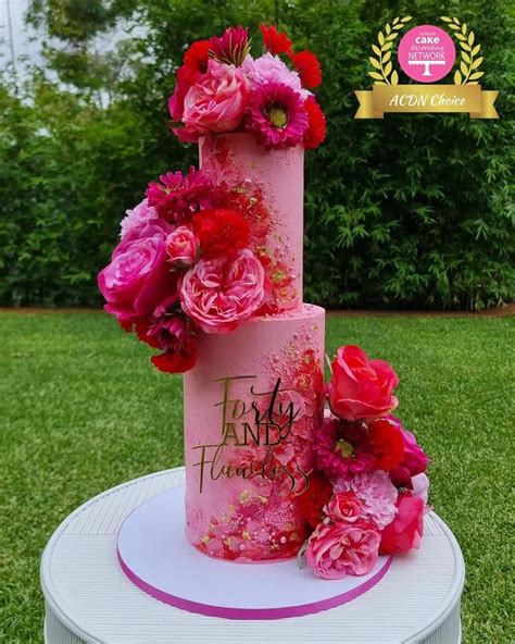 Epic 40th Tall Pink Cake With Flowers Pink Cake Flower Cake