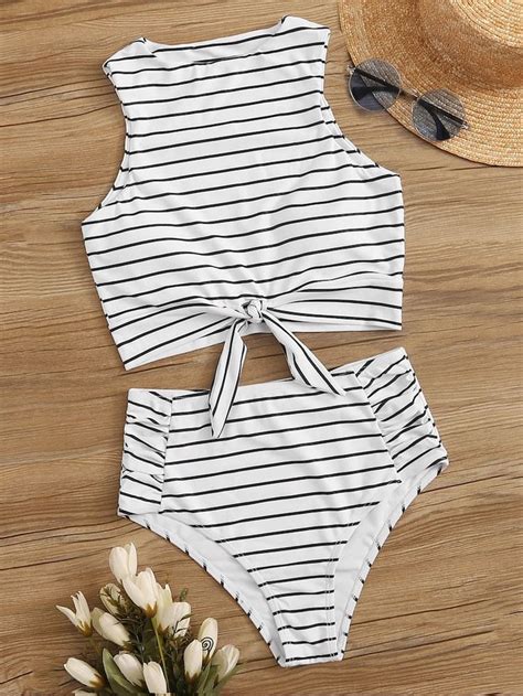 Striped Knot Hem With Ruched Bikini Set SHEIN USA Girls Bathing