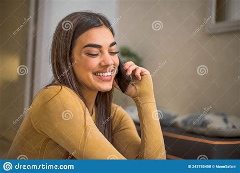 Close Up Shot Joyful Caucasian Girl Closed Eyes Talking On Phone