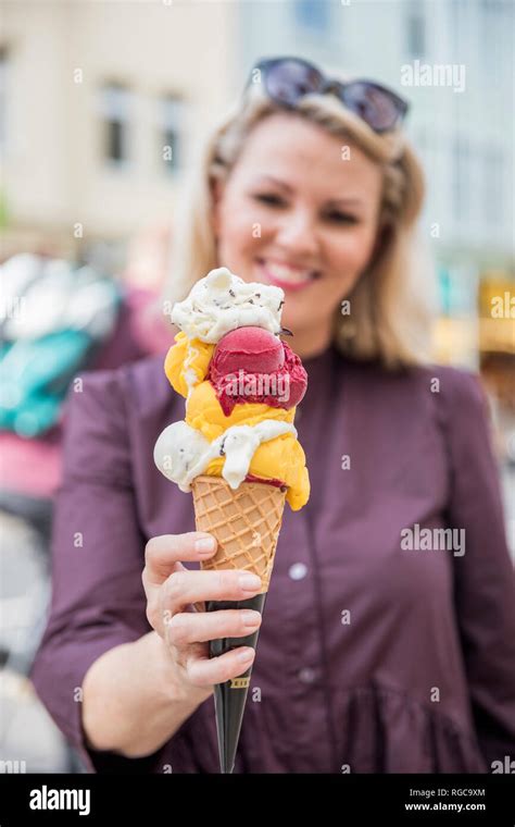 Woman Holding Ice Cream Cone Various Sorts Ice Cream Hi Res Stock