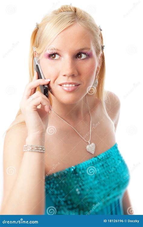 Charming Blonde Girl With Mobile Stock Photo Image Of Modern Calling 18126196