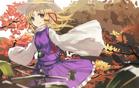 Autumn Blonde Hair Dress Hat Long Hair Moriya Suwako Ryokucha Manma Touhou Tree Yellow Eyes