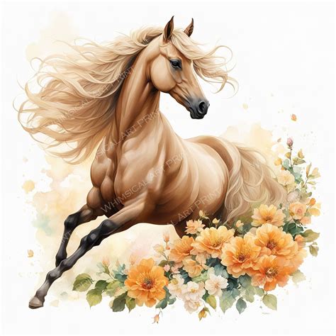 Palomino Horse With Flowers Watercolor Clipart, Palomino Horse Clipart