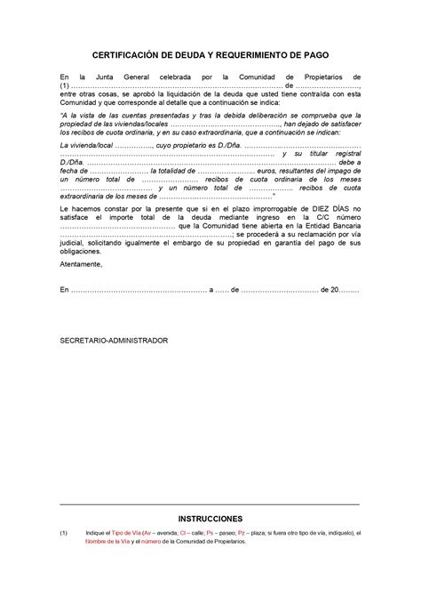 Modelo Certificado De Deuda Para Comunidad De Propietarios En Pdf