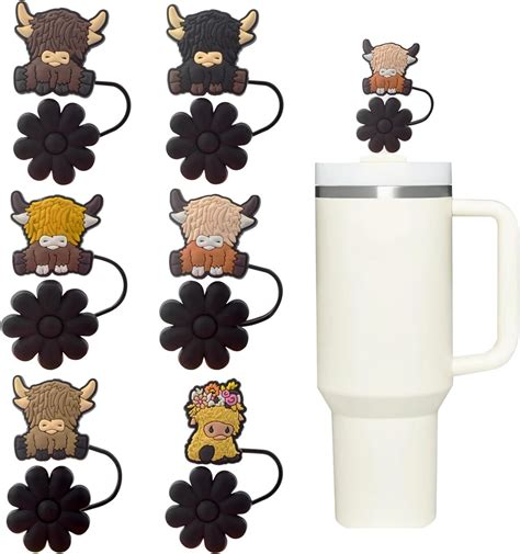 6pcs Highland Cow Flower Silicone Straw Cover Caps