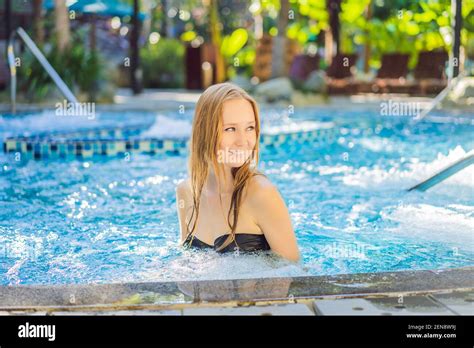 Beautiful Woman Relaxing In Hot Tub Spa Background Stock Photo Alamy