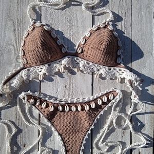 Crochet Bikini Set High Hip In Tan Bronze With Lace Edgings And Natural Shells Etsy