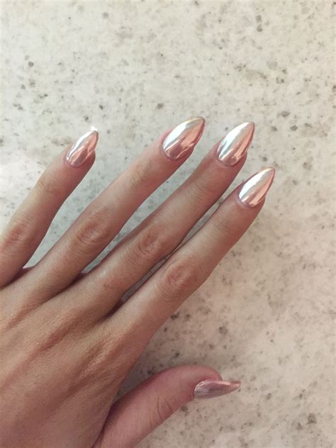 Rose Gold Chrome Achieved By Using A Melon Pink Base And Silver Chrome Nail Powder Pink