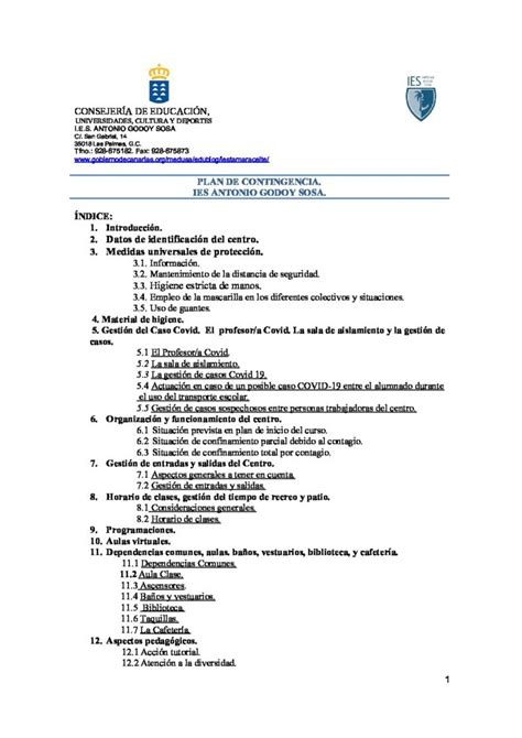 Plan De Contingencia Del Centro Ies Antonio Godoy Sosa