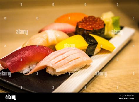 Sushi Nigiri Platter Salmon Maguro Hamachi Megajiki Hotate Tamago