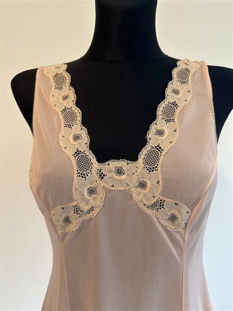 S Vintage Full Slip Negligee Beige Nylon Lace Lingerie Etsy