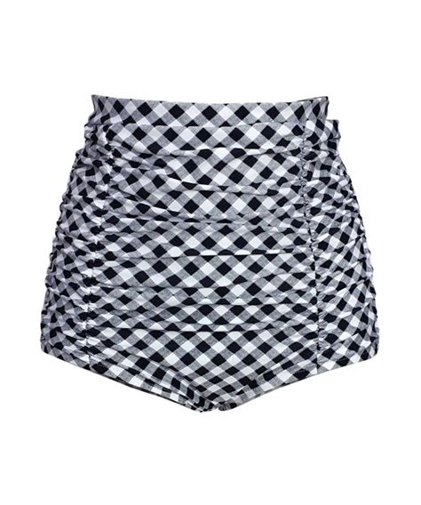 Women S Retro High Waisted Bikini Bottom Ruched Swim Short Tankinis Black Plaid C X Ttms