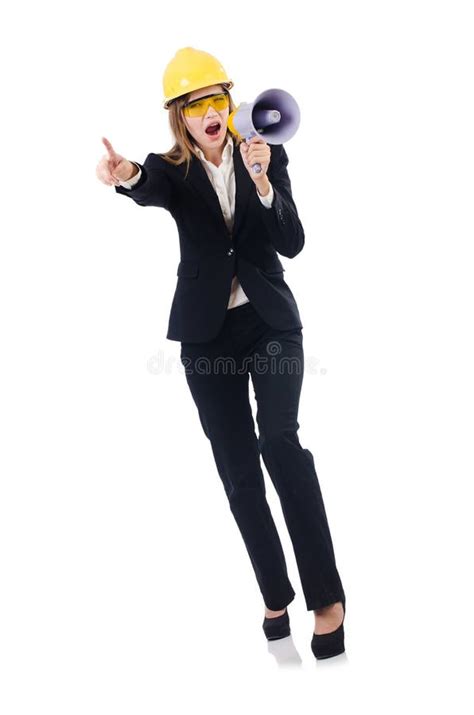 The Woman With Hard Hat Isolated On White Stock Image Image Of