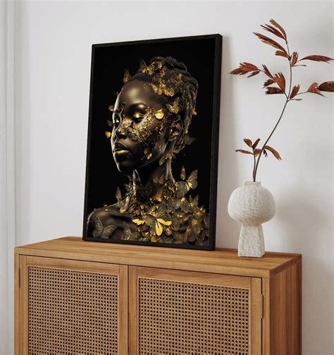 Quadro Decorativo Mulher Negra Dourado Gold Moldura Elo