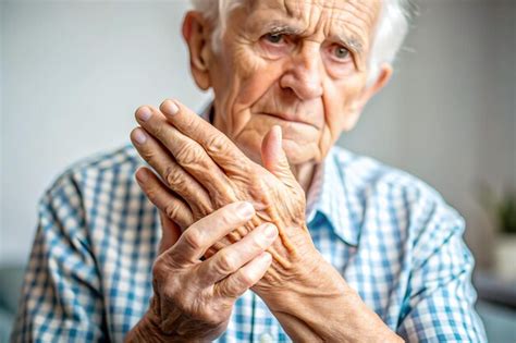 Senior person with trembling hands showing signs of neurological health ...