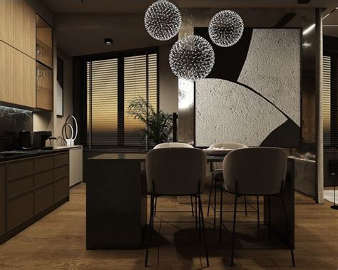 Кухня с островом из кварца со стеной отделанной состаренным зеркалом в ...