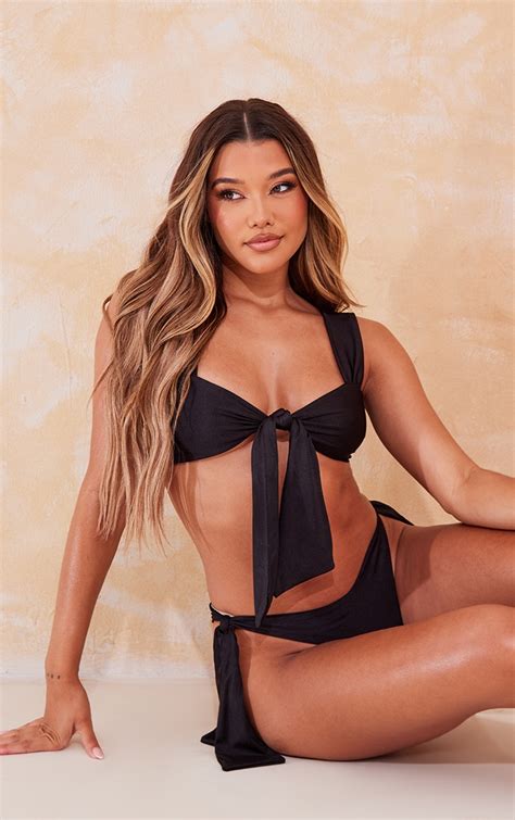 Black Oversize Tie Front Bikini Top Swimwear Plt Ire