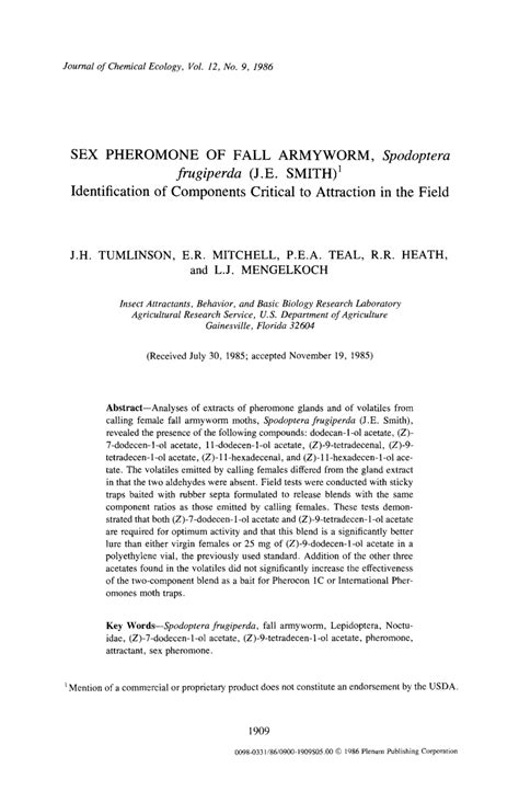 PDF Sex Pheromone Of Fall Armyworm Spodoptera Frugiperda J E Smith