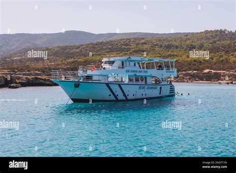 Tourist Boat In The Blue Lagoon On The Akamas Peninsula In Cyprus