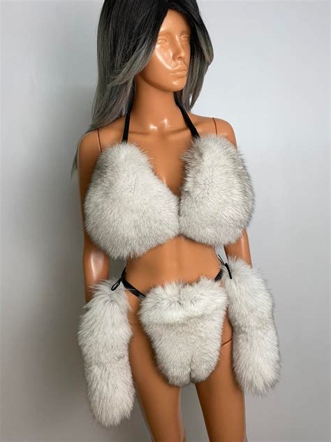 Blue Fox Fur Bikini Set With Out Verts And Two Tails High Etsy