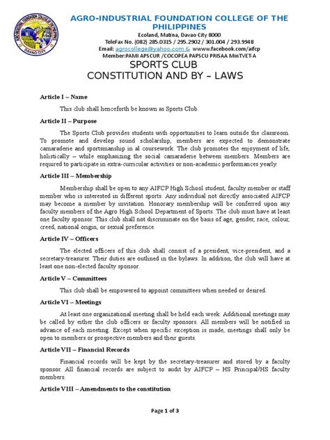 Sports Club Constitution And By Laws Agro Industrial Foundation College Of The Philippines